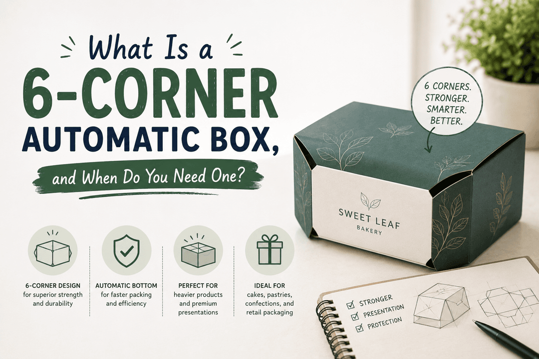 What Is a 6-Corner Automatic Box graphic, showing a 6-corner bakery box with strength, presentation, and protection callouts