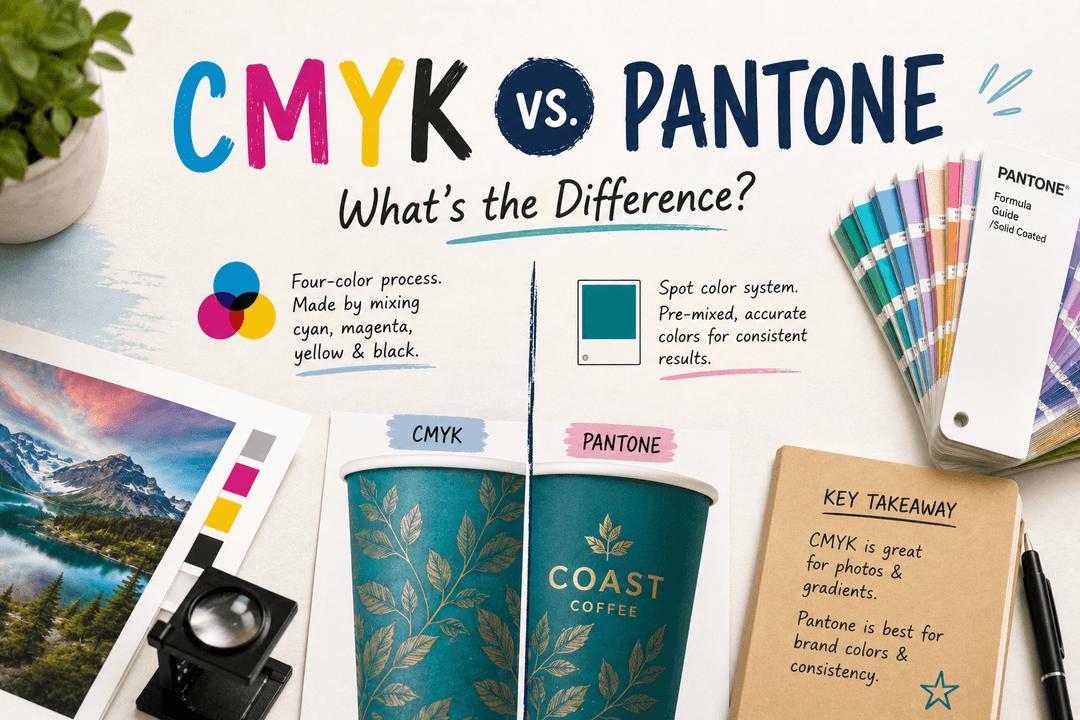 CMYK vs. Pantone comparison graphic, showing four-color process swatches next to a Pantone fan deck