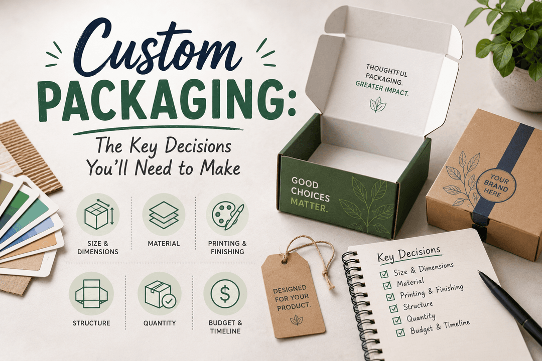 Custom Packaging: The Key Decisions graphic, showing size, material, printing, structure, quantity, and budget icons