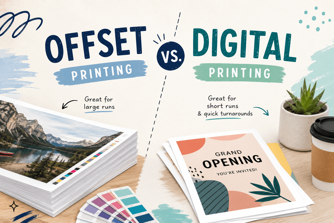 Offset vs. Digital Printing comparison graphic, showing large-run offset prints and short-run digital prints