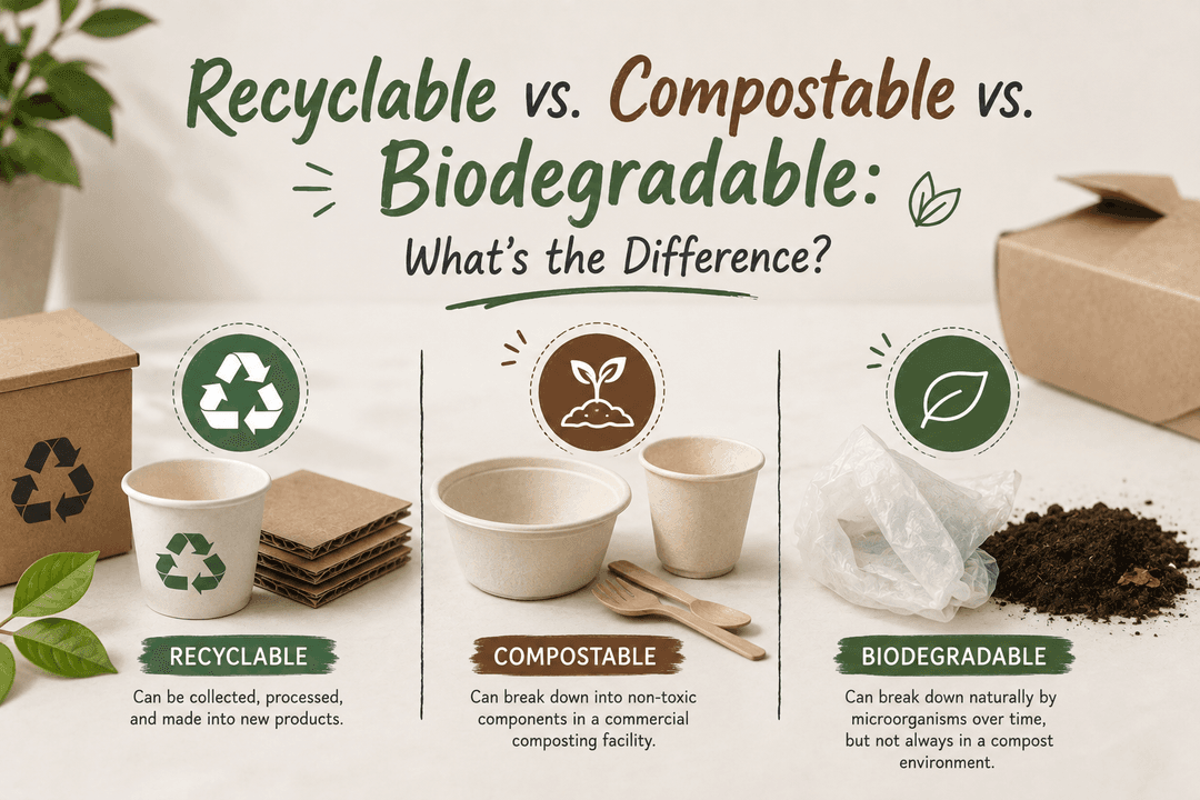 Recyclable vs. Compostable vs. Biodegradable graphic, comparing a recyclable kraft cup, a compostable bowl, and a biodegradable bag