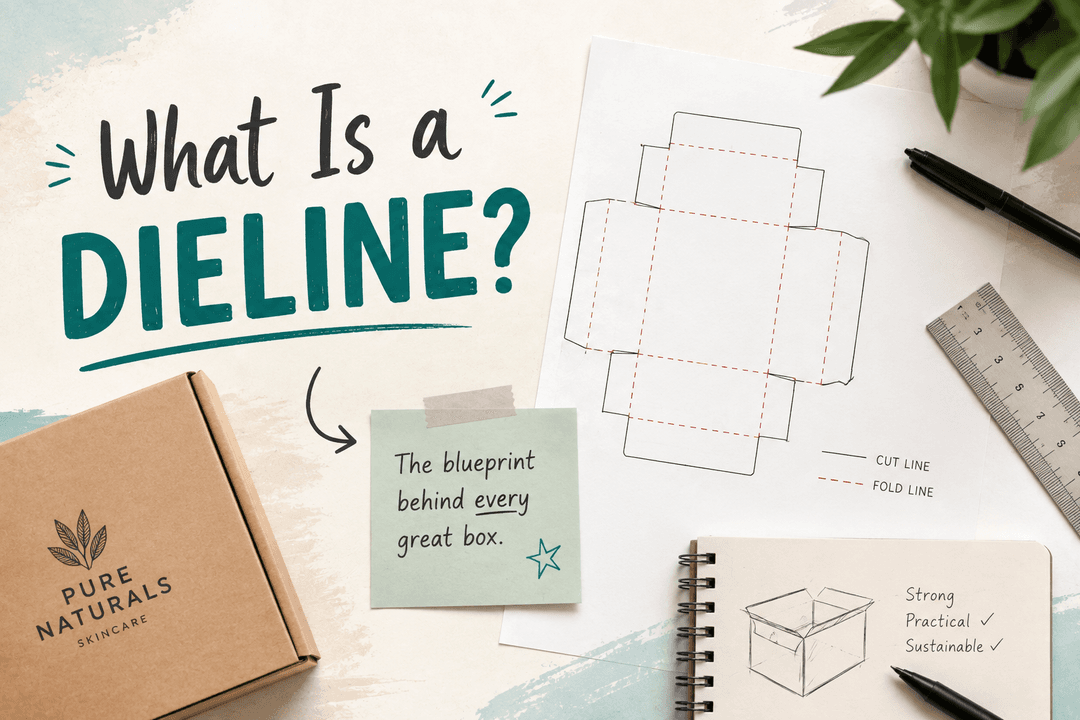 What Is a Dieline graphic, showing a packaging dieline with cut and fold lines next to a finished box