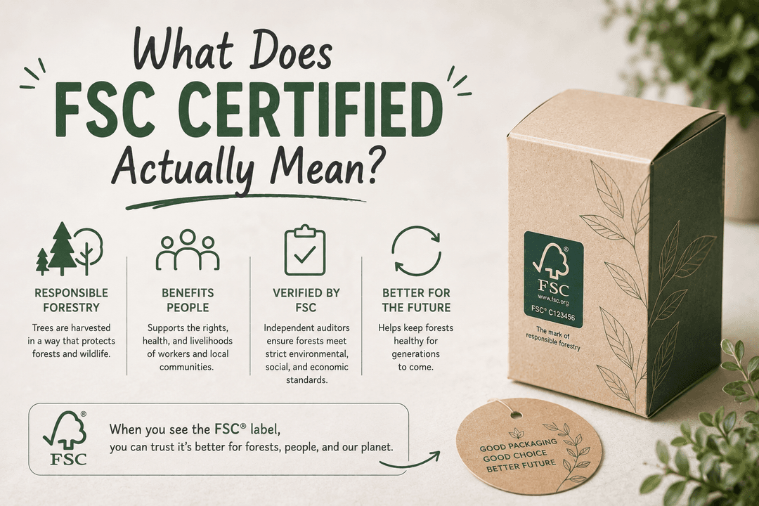 What Does FSC Certified Actually Mean graphic, showing the FSC label on kraft packaging