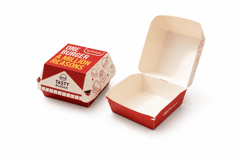 Printed paperboard burger clamshell boxes, shown closed and open