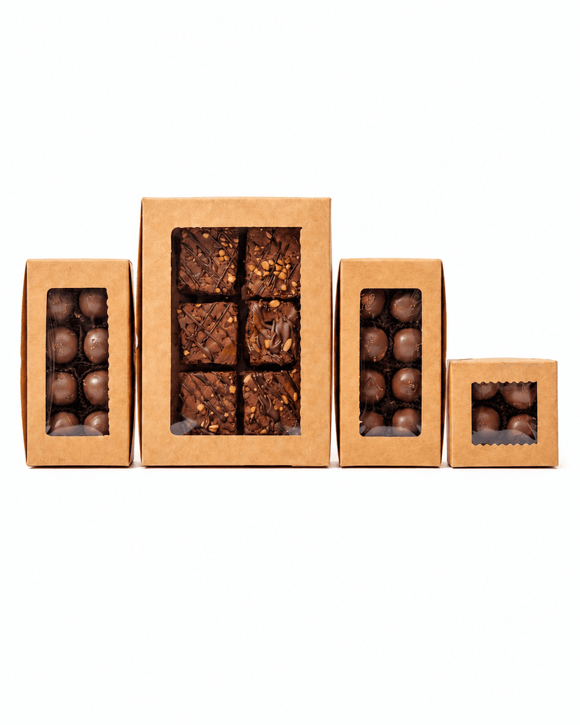 Kraft window boxes in four sizes, holding chocolates and brownies