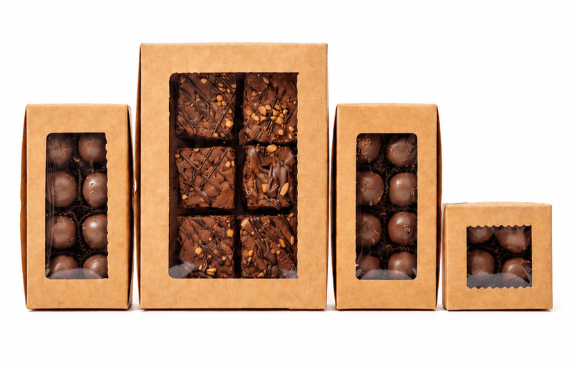 Kraft window boxes in four sizes, holding chocolates and brownies