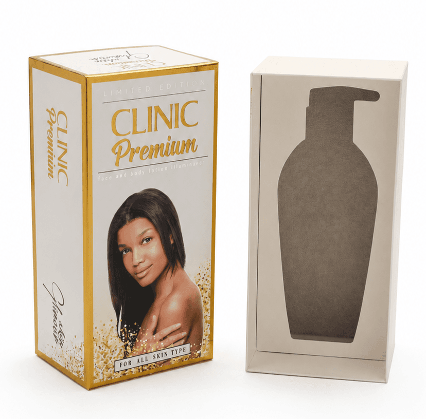 Clinic Premium cosmetics carton beside its die-cut window box for a lotion bottle