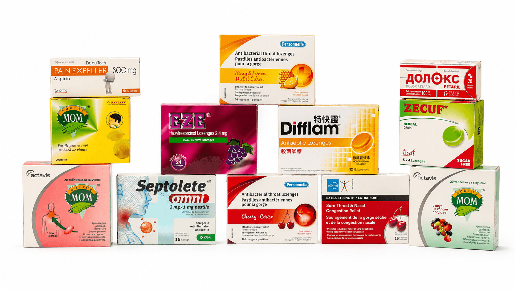 Range of pharmaceutical folding cartons manufactured by PrintLine — lozenge, tablet, and syrup packs across multiple export brands