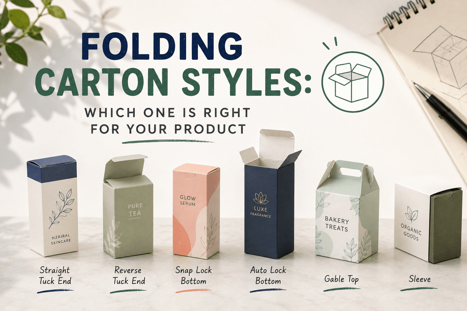 Folding Carton Styles graphic, showing six carton styles: tuck end, snap lock, auto-lock bottom, gable top, and sleeve