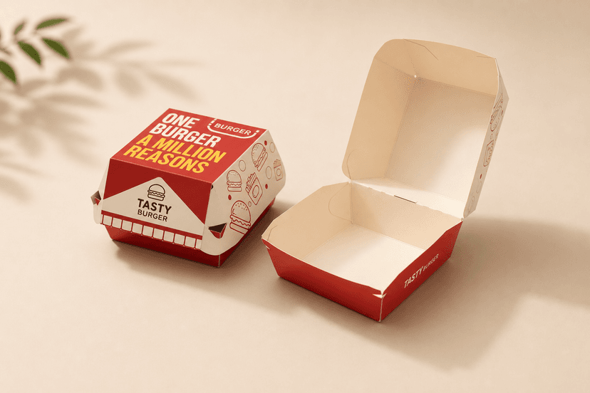 Printed paperboard burger clamshell box, shown closed and open