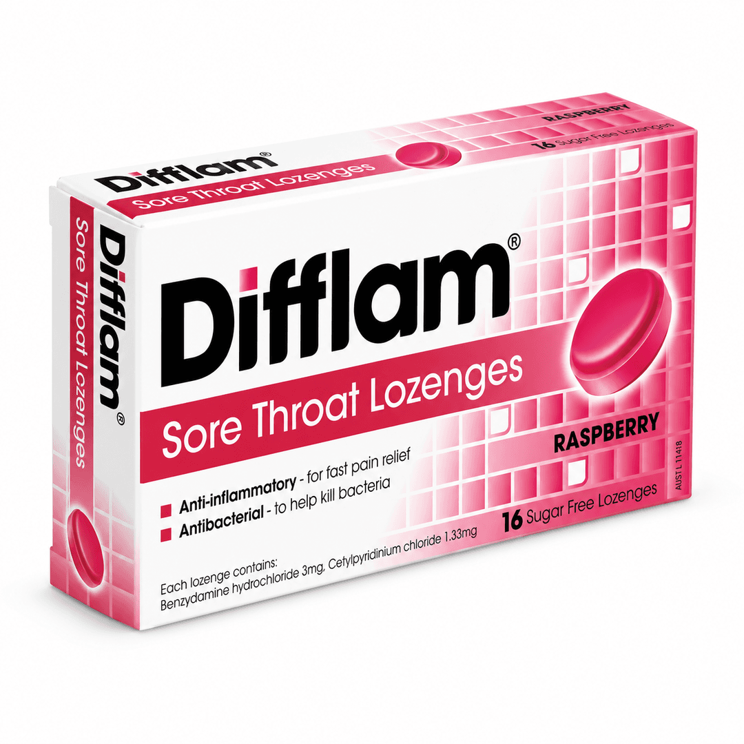 Difflam Raspberry Sore Throat Lozenges carton