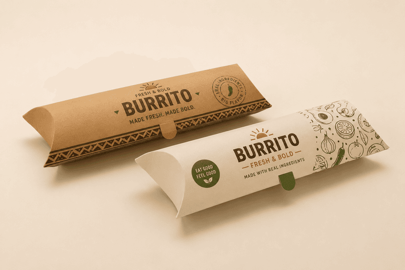 Printed kraft and white burrito wrap boxes
