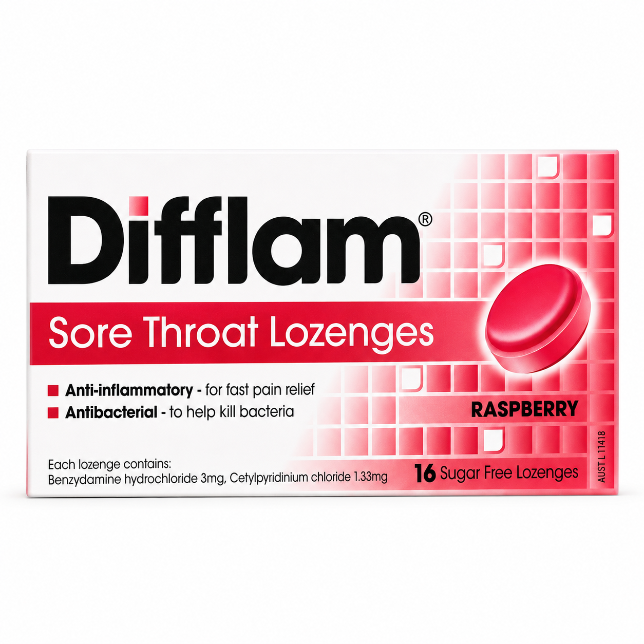 Difflam Raspberry Sore Throat Lozenges — front view