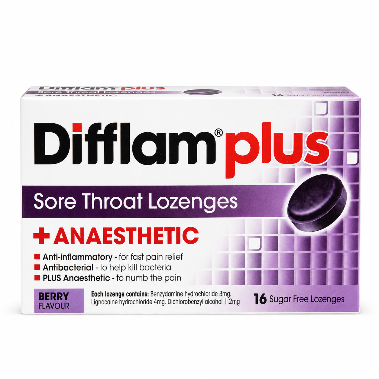 Difflam Plus Berry Lozenges — front view