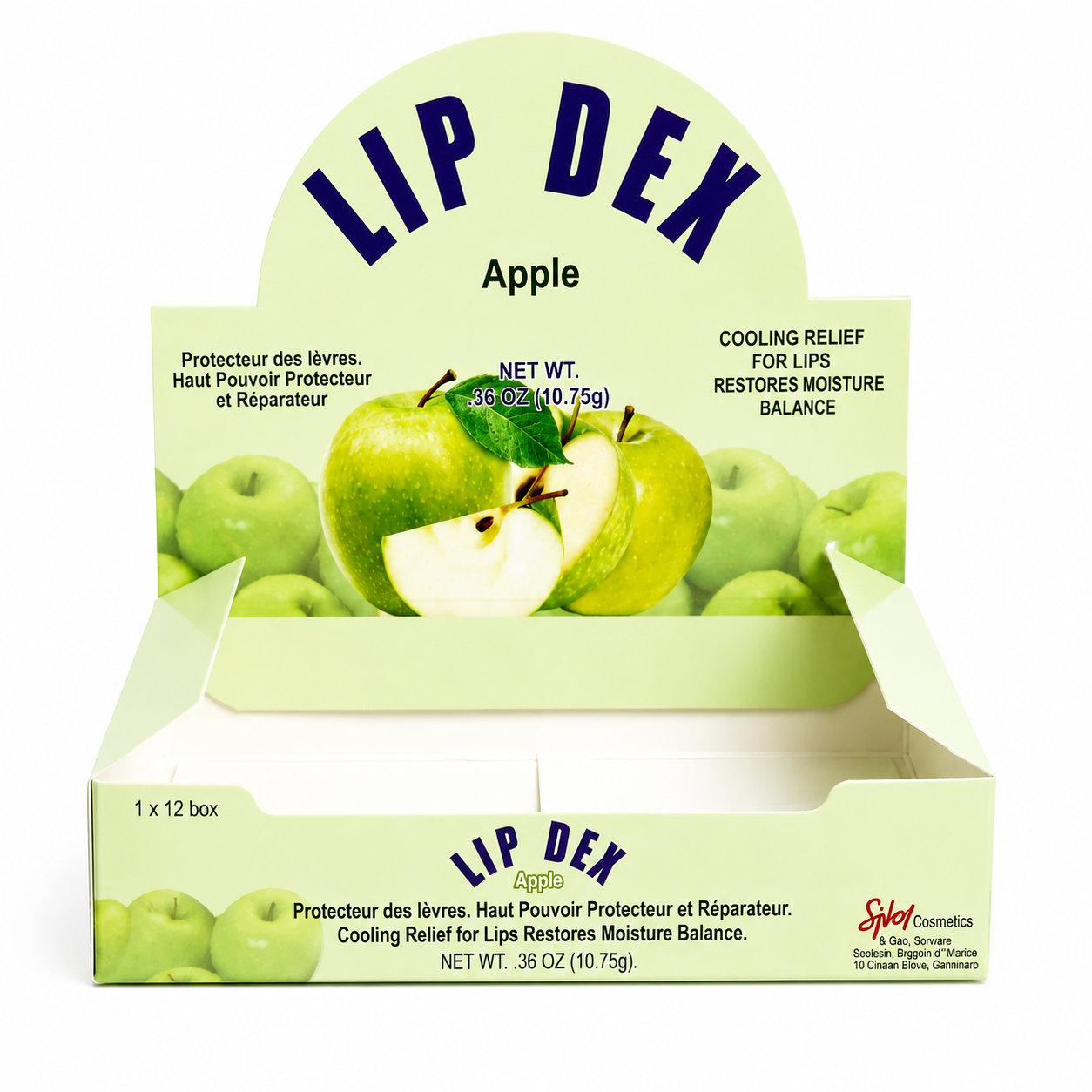 Lip Dex Apple Counter Display Box — front view